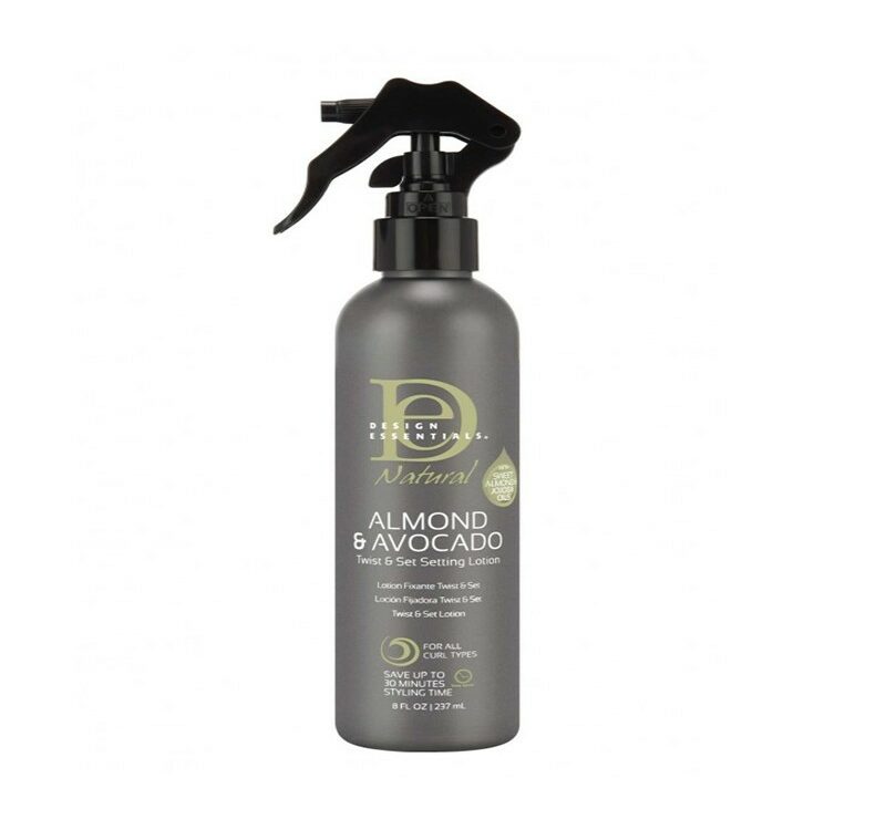 Lotion fixante Almond Avocado Twist & Set Setting Lotion de Design Essentials est une lotion fixante pour créer rapidement de merveilleuses boucles sur cheveux bouclés à crépus.