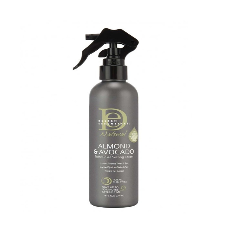 Lotion fixante Almond Avocado Twist & Set Setting Lotion de Design Essentials est une lotion fixante pour créer rapidement de merveilleuses boucles sur cheveux bouclés à crépus.